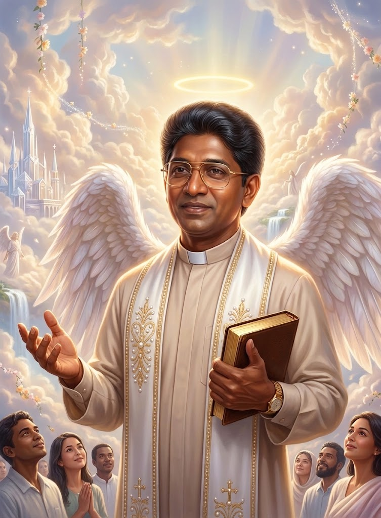A preacher with angel wings and a halo, arms open among sunlit clouds